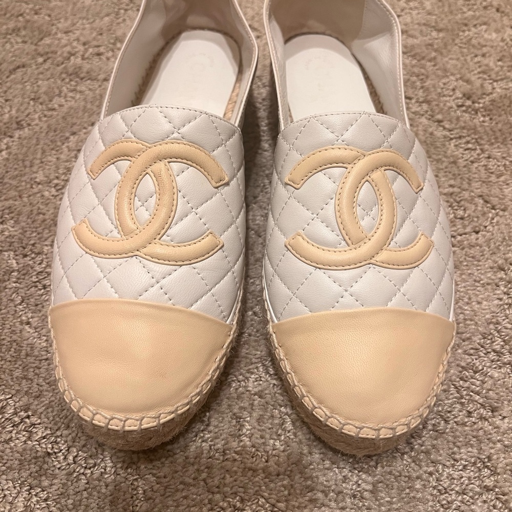 CHANEL Quilted White and Tan Espadrilles
